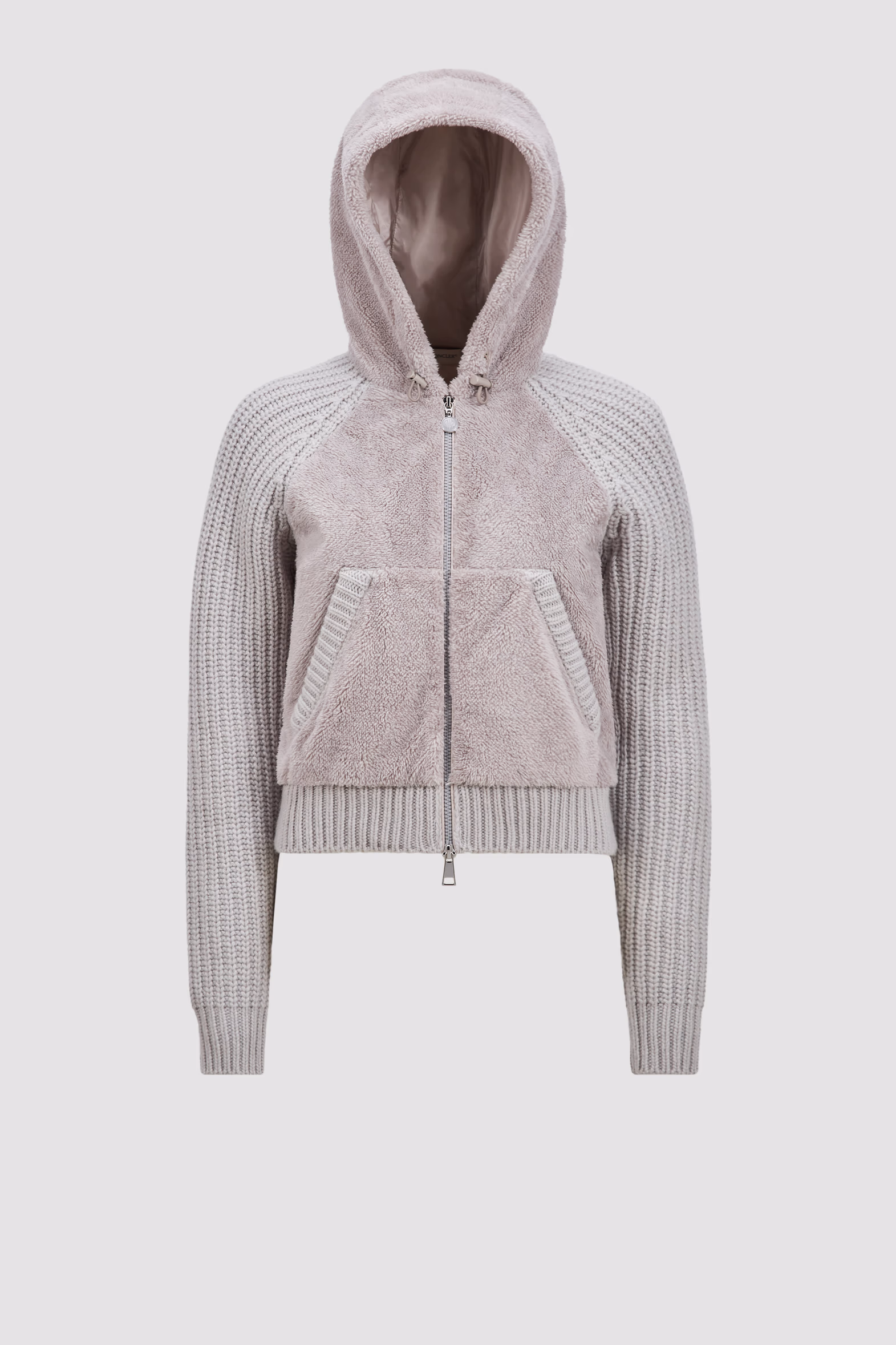 Cárdigan con capucha y cremallera acolchado de lana y efecto peluche Mujer Gris Moncler 2